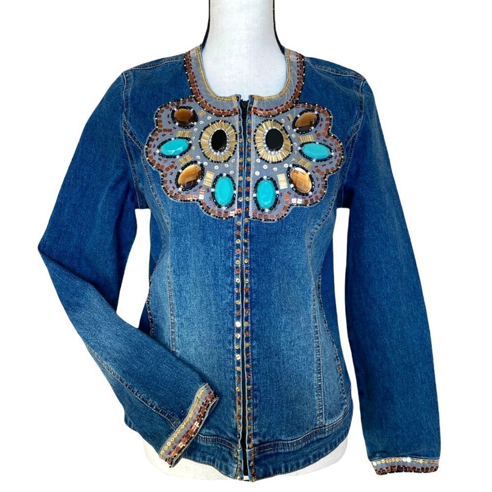 Vintage 90s embellished bejeweled adorned sequins & gems bib style front‎ zipper